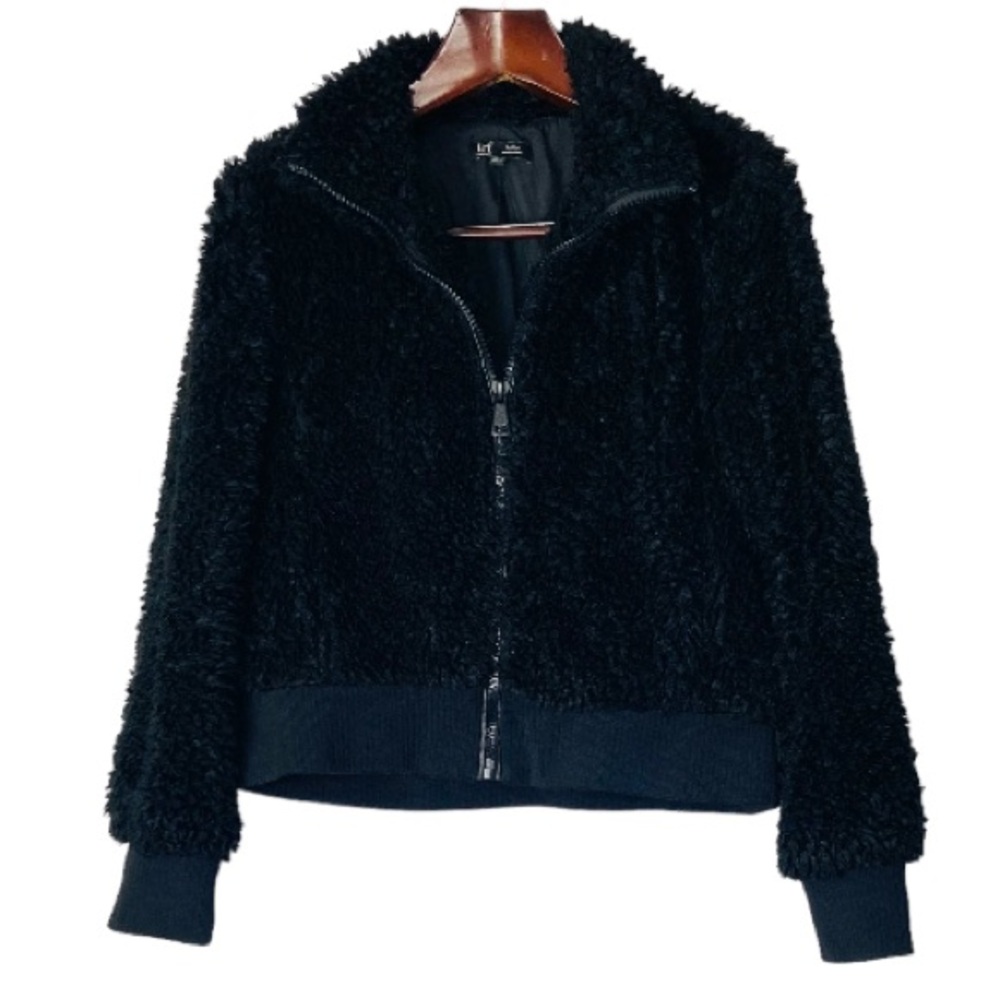 Zara TRF Teddy Fluffy Fleece Faux Fur Full Zip Bomber Jacket Black Size large